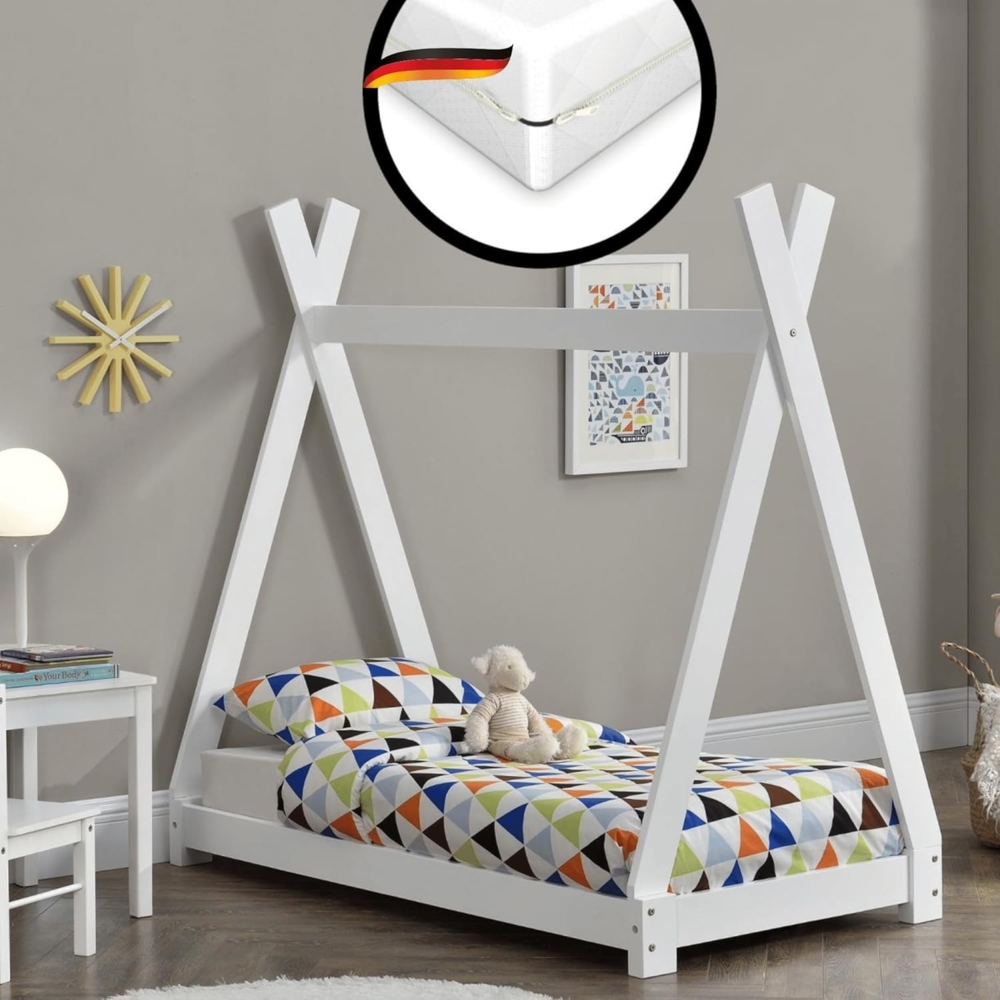 DELUKE® Kinderbett 70x140 YONA - mit Matratze Lattenrost Tipi-Optik Einzelbett Tipibett Hausbett Kinderzimmer Bodenbett Montessori Bett Weiß Bild 1