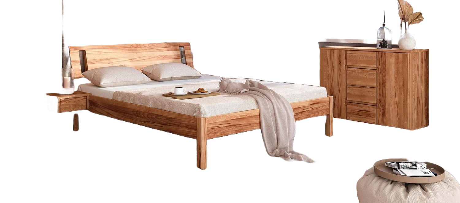 Bett Bento 8 aus Kernbuche massiv 140x200 cm mit Holzkopfteil und Holzbeinen Bild 1