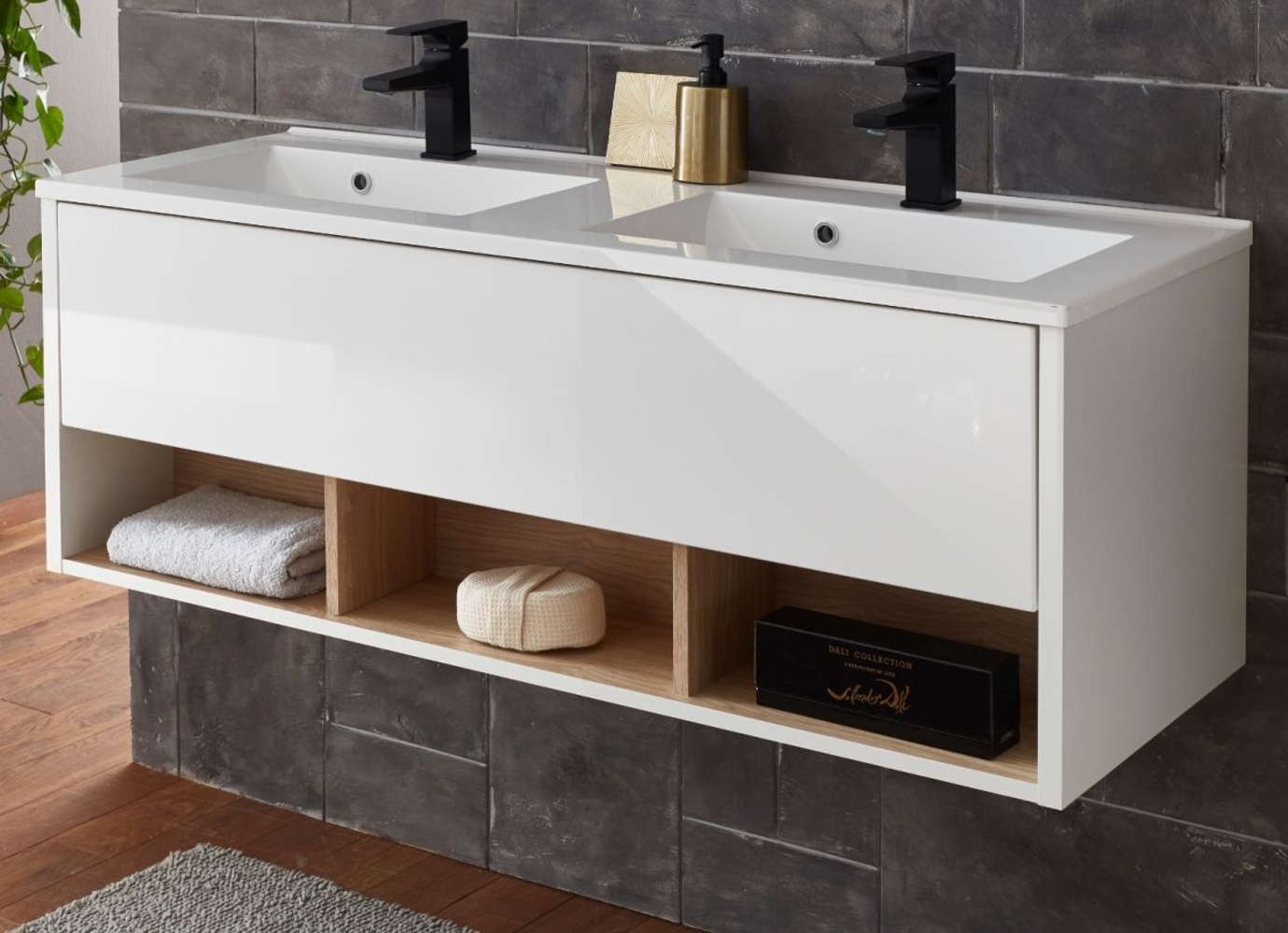 Doppelwaschtisch Glide in weiß Hochglanz und Eiche 120 cm Bild 1