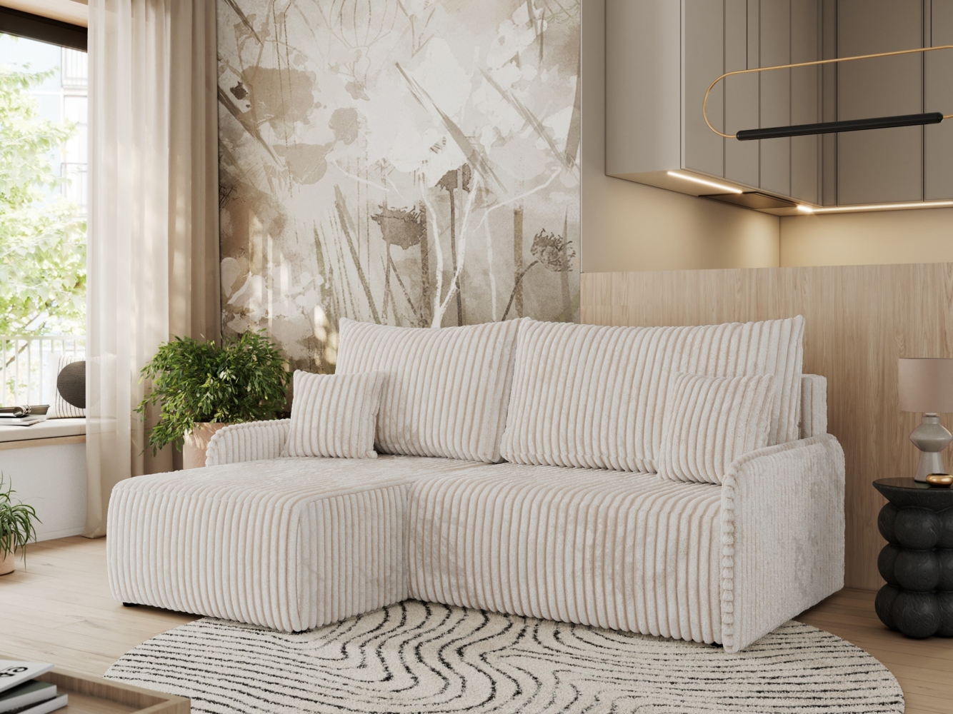 Ecksofa für das Wohnzimmer, mit losen Kissen, Schlaffunktion und Bettkästen, L-förmiges Ecksofa mit Armlehnen, Wellenfeder - ARPA - Creme Cord - linke Seite Bild 1