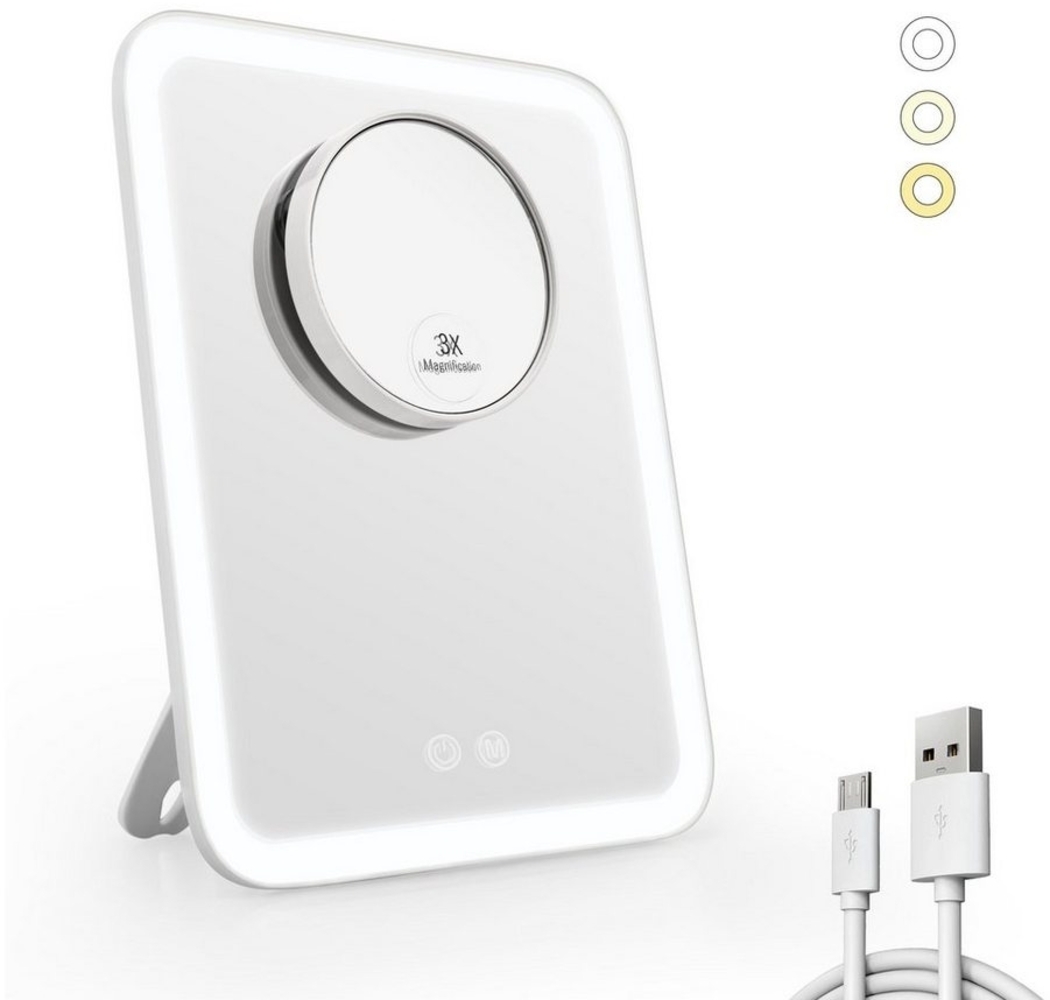 EMKE Kosmetikspiegel mit Beleuchtung, 3 Lichtfarben und 3X Fach Vergrößerungsspiegel Schminkspiegel mit licht-180° Drehbar USB Wiederaufladbar, Makeup Spiegel mit Vergrößerung Bild 1