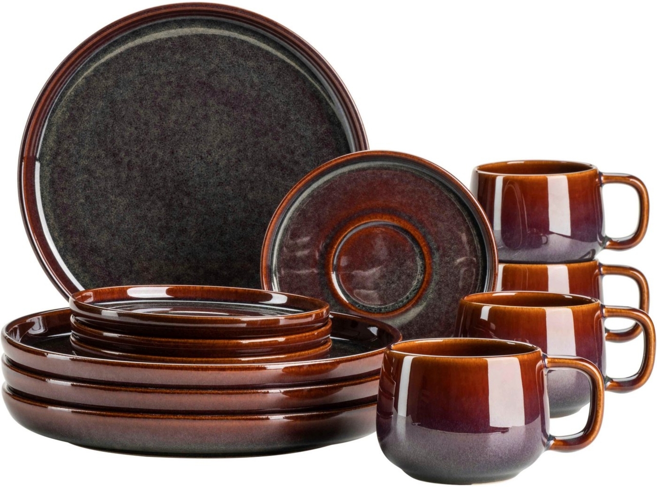 Modernes Kaffeegeschirr Set mit unregelmiger Effektglasur fr 4 Personen, mit Dessertteller, Kaffeetassen und Untertassen, 12-teiliges Kaffeeservice; Rot / Braun Bild 1