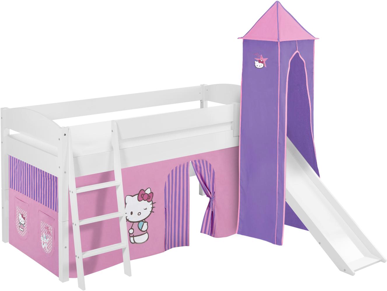 Lilokids 'Ida 4105' Spielbett 90 x 200 cm, Hello Kitty Lila, Kiefer massiv, mit Turm, Rutsche und Vorhang Bild 1