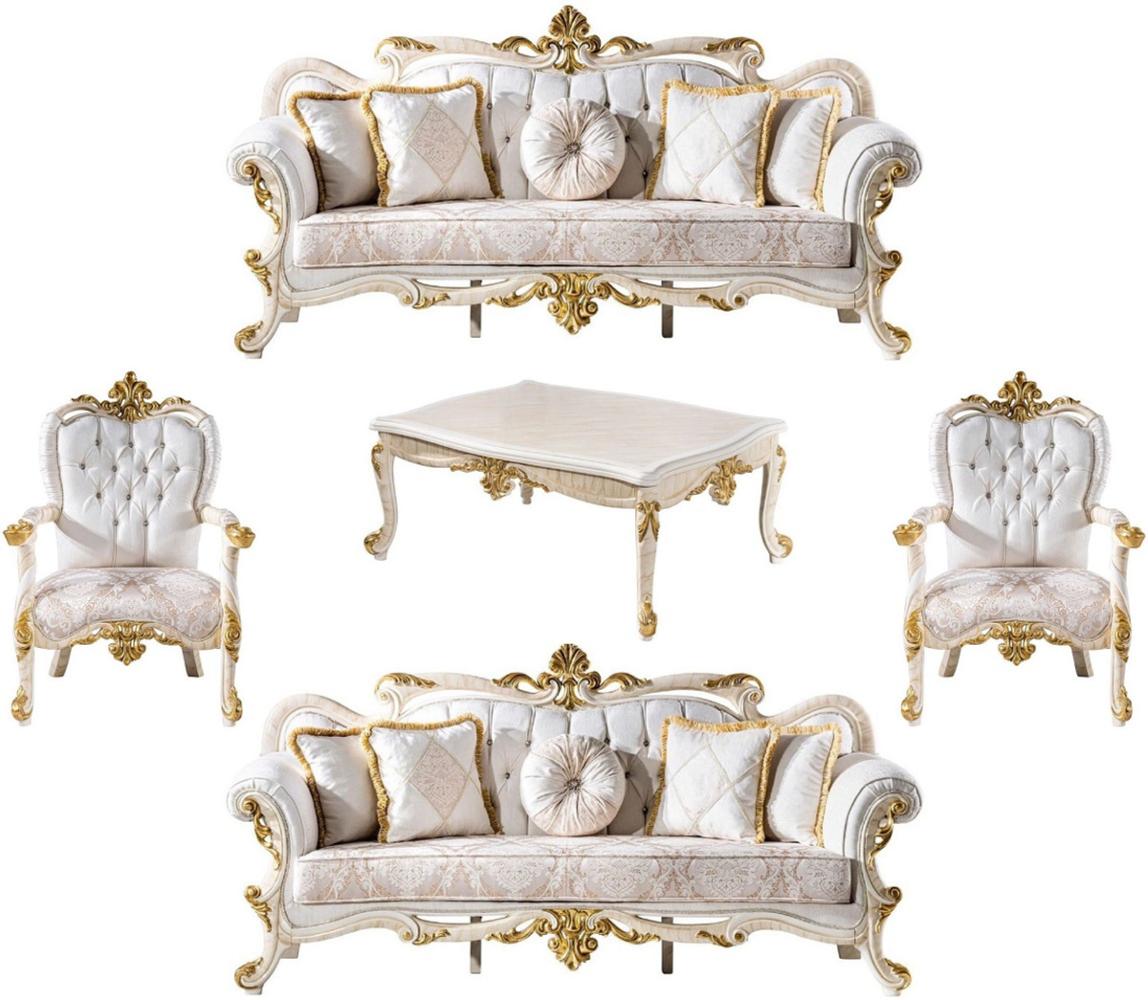 Casa Padrino Luxus Barock Wohnzimmer Set Weiß / Braun / Weiß / Beige / Gold - 2 Barock Sofas & 2 Barock Sessel & 1 Barock Couchtisch - Luxus Wohnzimmer Möbel im Barockstil - Barock Möbel Bild 1