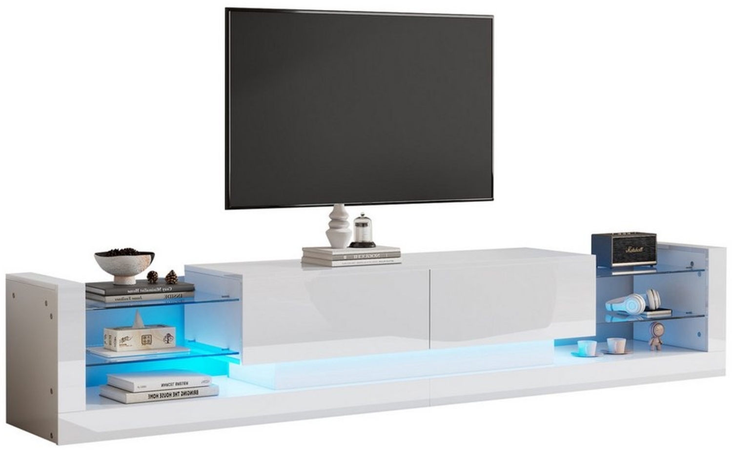 HAUSS SPLOE Lowboard Hochglanz mit LED-Beleuchtung, Für Fernseher bis 80 Zoll, 2 Schubladen (TV-Board, Fernsehtisch, TV-Ständer, 1 St, zwei klapptür), für Fernseher bis 80 Zoll Bild 1