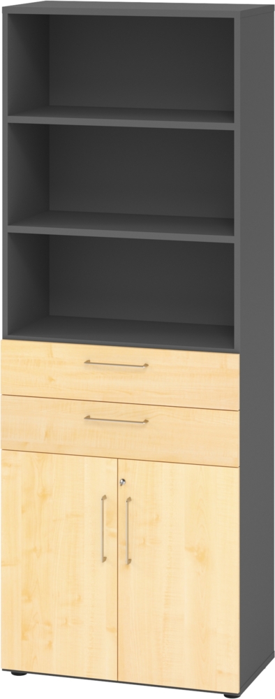 bümö Aktenregal & Schrank abschließbar, Büroschrank Regal & Schubladen Kombination Holz 80cm breit in Weiß/Beton - Schrank für's Büro & Arbeitszimmer, Büro Möbel Ordnerschrank, 968K2-G-3-BS Bild 1