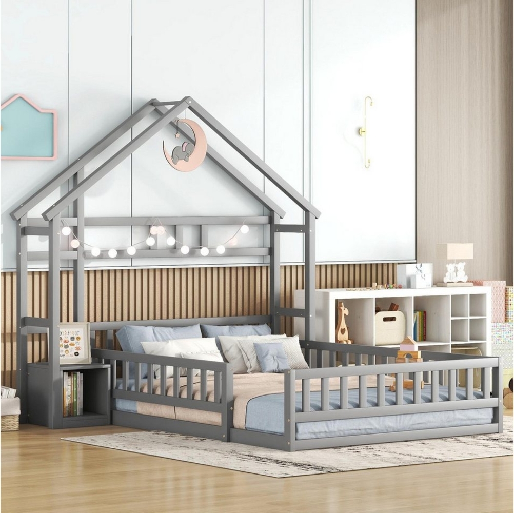 PXloue Hausbett Kinderbett Holzbett, Doppelbett,mit Geländer und Nachttischen,Lattenrost,140x200cm Bild 1