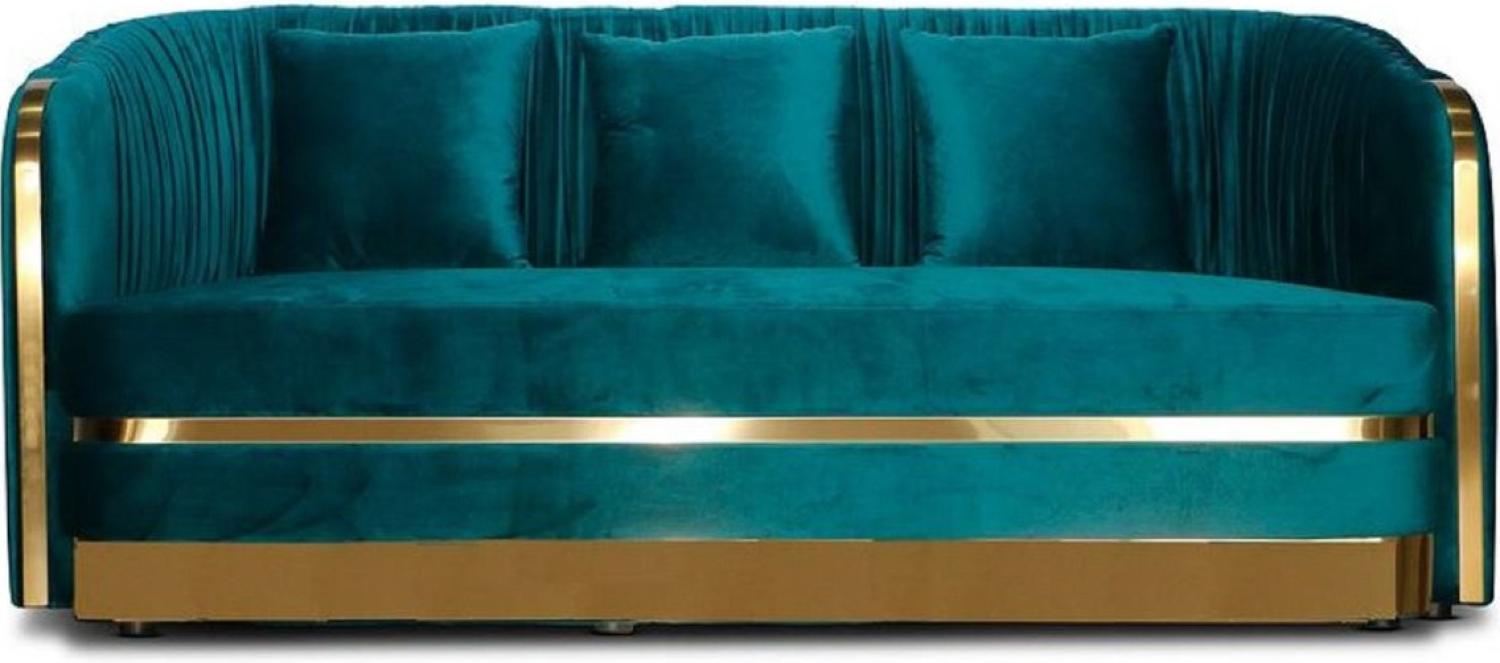 Casa Padrino Art Deco Samt Sofa Grünblau / Gold 180 x 78 x H. 80 cm - Wohnzimmer Sofa - Art Deco Wohnzimmer Möbel Bild 1