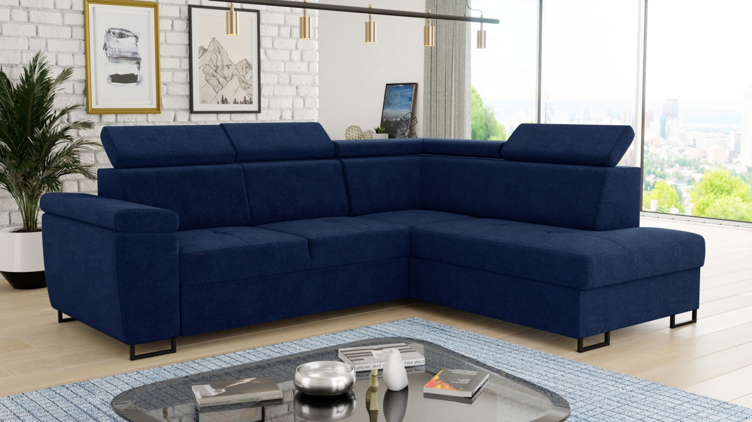 Ecksofa Natan mit Schlaffunktion und einstellbare Kopfstützen - Wohnlandschaft mit Metallfüßen, Couchgarnitur, Bettkasten, Sofa (Ecksofa Rechts, Dunkelblau (Kronos 09)) Bild 1