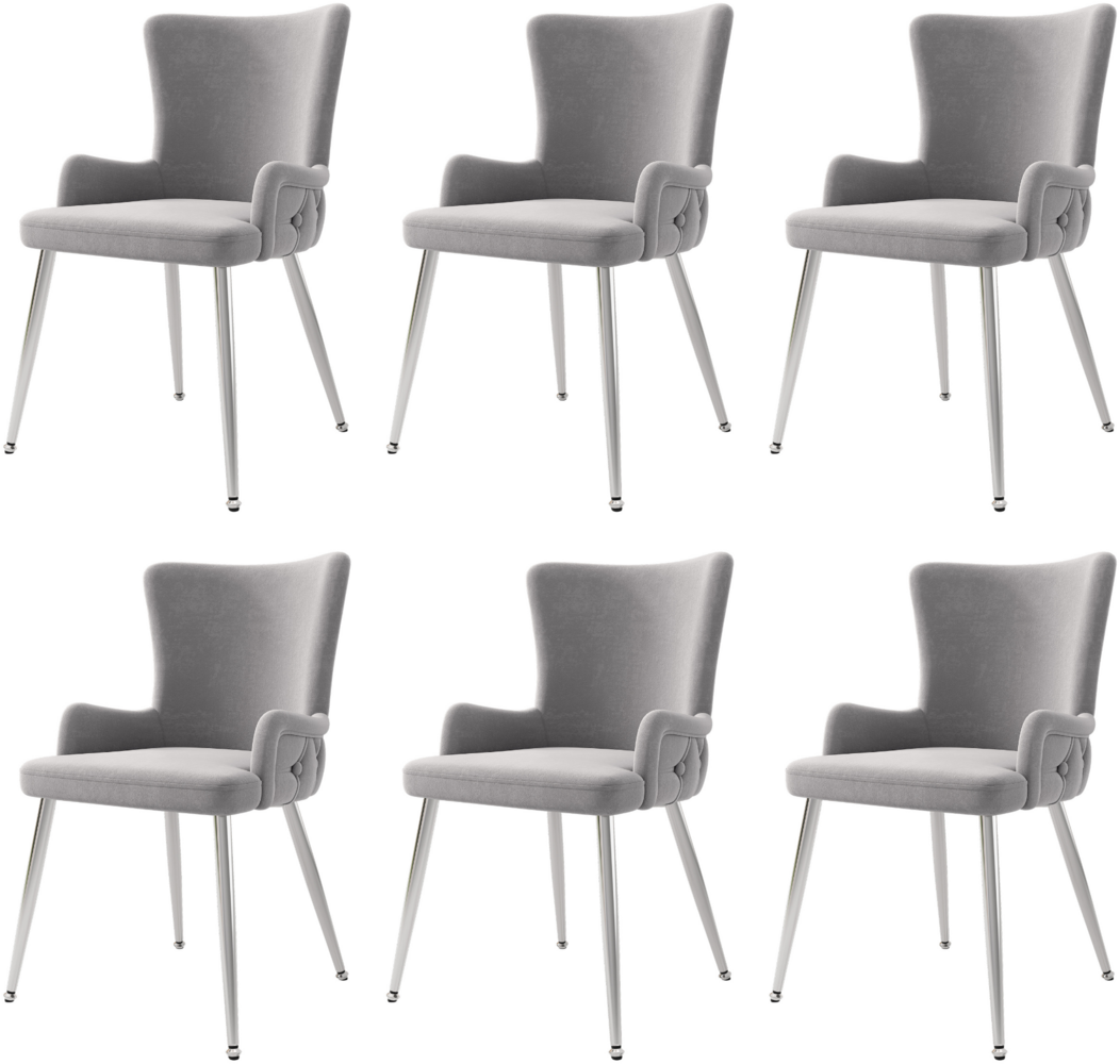 Merax Samt-Esszimmerstuhl, 6er-Set, luxuriöser Wohnzimmer-Schlafzimmer-Loungesessel mit vier silberfarbenen Metallstützbeinen, hellgrau Bild 1