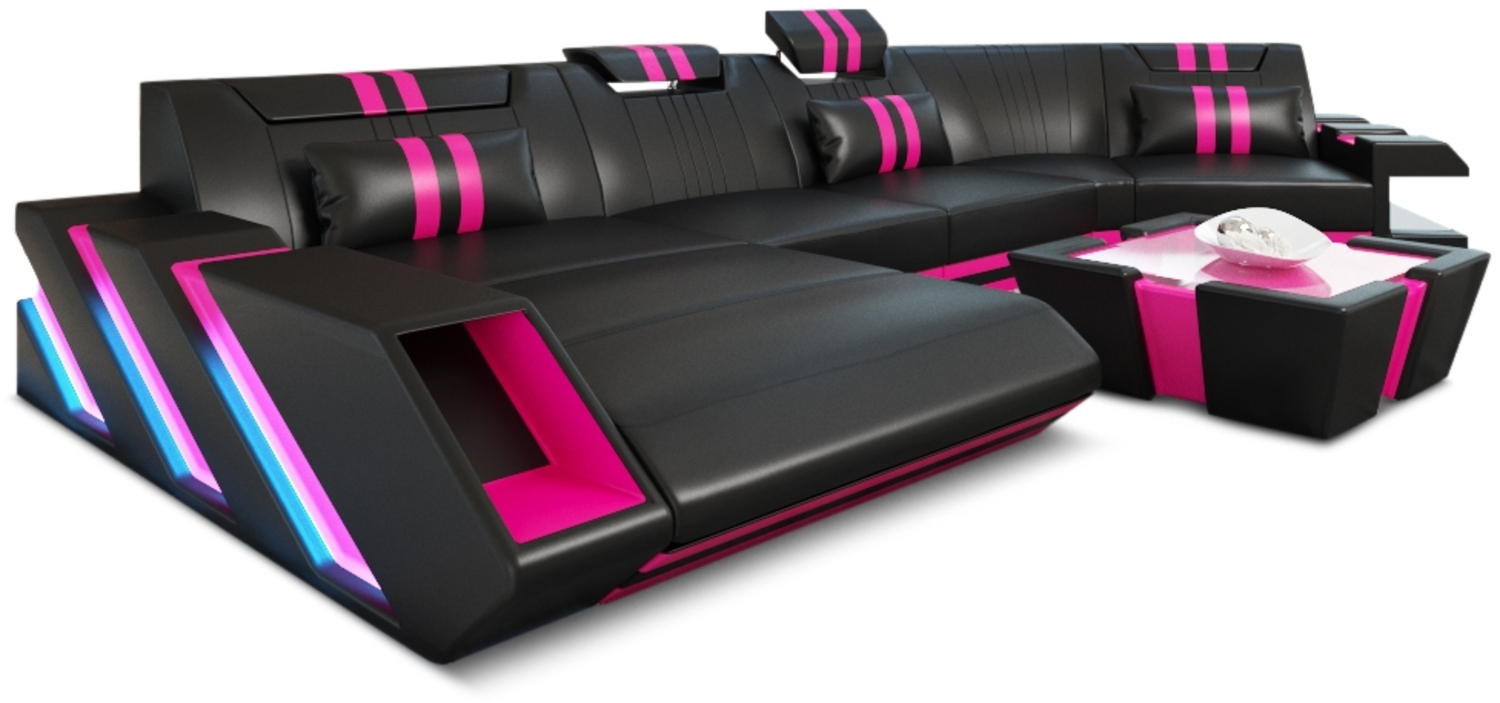 Sofa Dreams 'Apollonia C-Form' Ledersofa, 80 x 190 x 433 cm, Schwarz / Pink, Echtleder, Links Bild 1