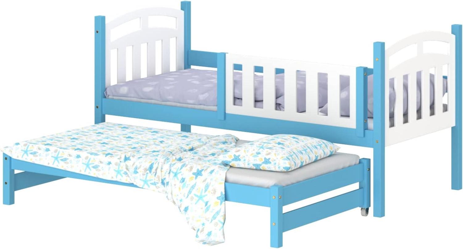 WNM Group Kinderbett Ausziehbar Suzie - aus Massivholz - Ausziehbett fr Mdchen und Jungen - Hohe Qualitt Bett mit Rausfallschutz fr Kinder Blau - 160x80 / 150x80 cm Bild 1