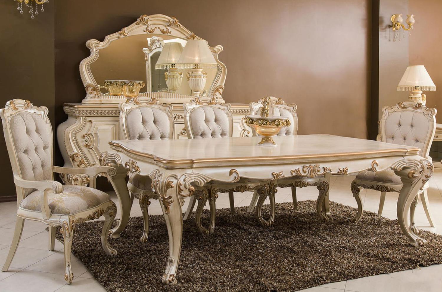 Casa Padrino Luxus Barock Esszimmer Set Creme / Gold - 1 Barock Esstisch & 6 Barock Esszimmerstühle - Barock Esszimmer Möbel - Luxus Möbel im Barockstil - Edel & Prunkvoll Bild 1