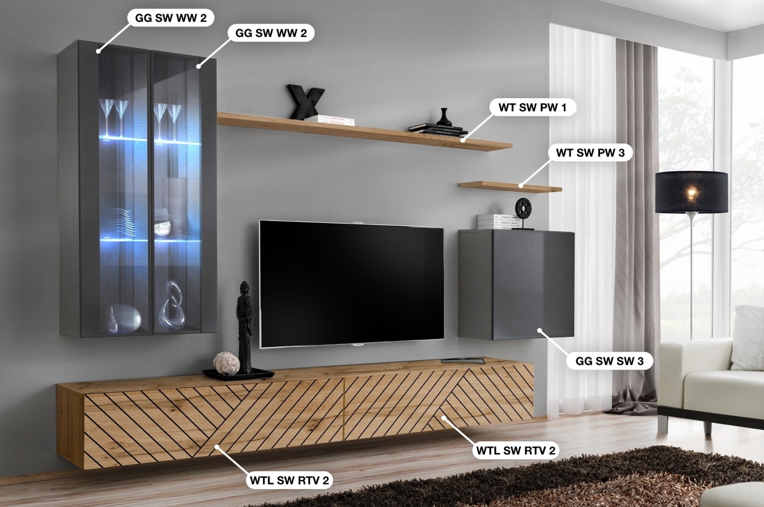 Wohnwand Switch Lamel, Korpus: Graphit, Wotan / Front: Graphit hochglanz PVC, Wotan PVC (gerillt) Bild 1