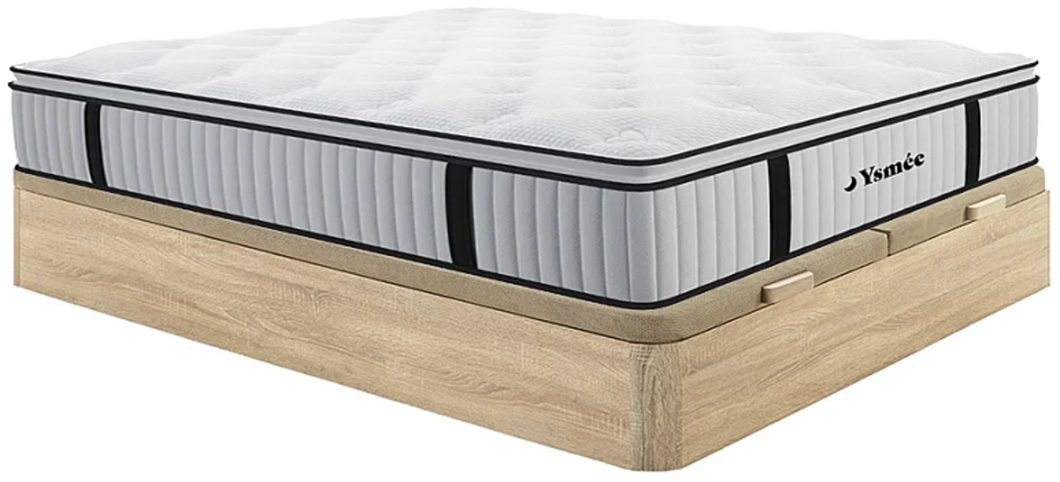 Vente-unique - Set aus Bettgestell mit Bettkasten + Taschenfederkernmatratze & Topper - 180 x 200 cm - Stärke 28 cm - Holzfarben hell - AMERICAN DREAM von YSMÉE Bild 1