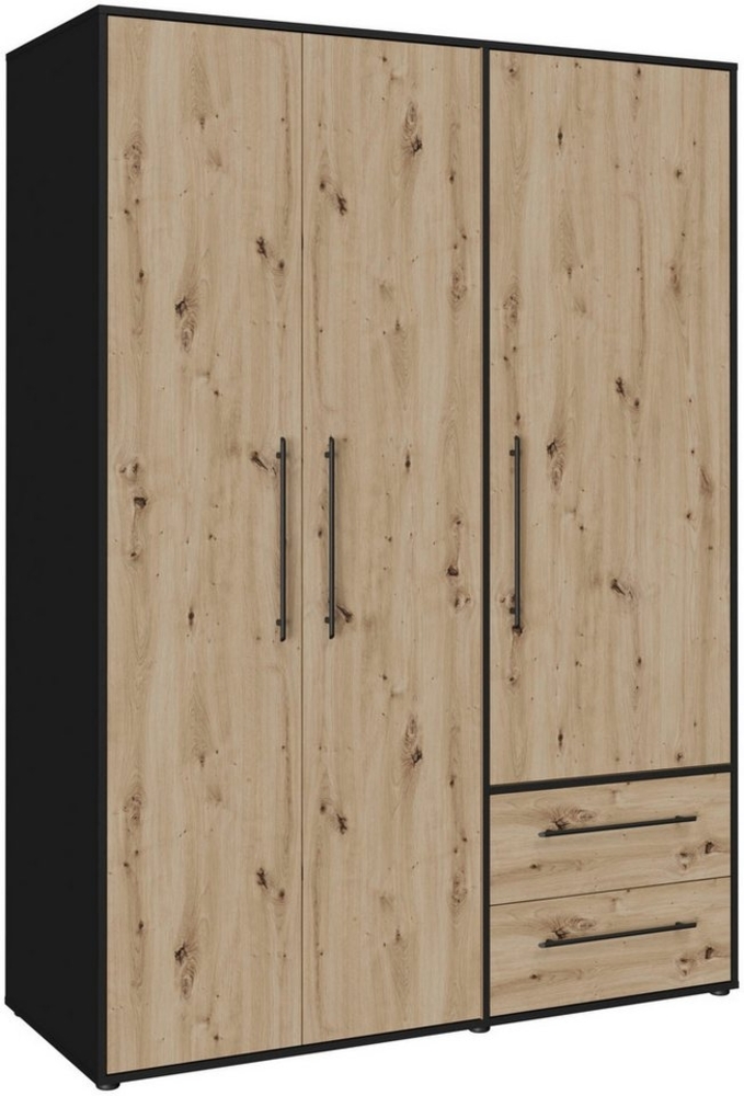 Forte MOKKARIS Kleiderschrank 140 150, moderner Drehtürenschrank, 3-türig, 2 Schubladen, Holzwerkstoff, Schwarz mit Artisan Eiche Holzdekor, 144,4 cm breit x 200,1 cm hoch x 58,8 cm tief Bild 1