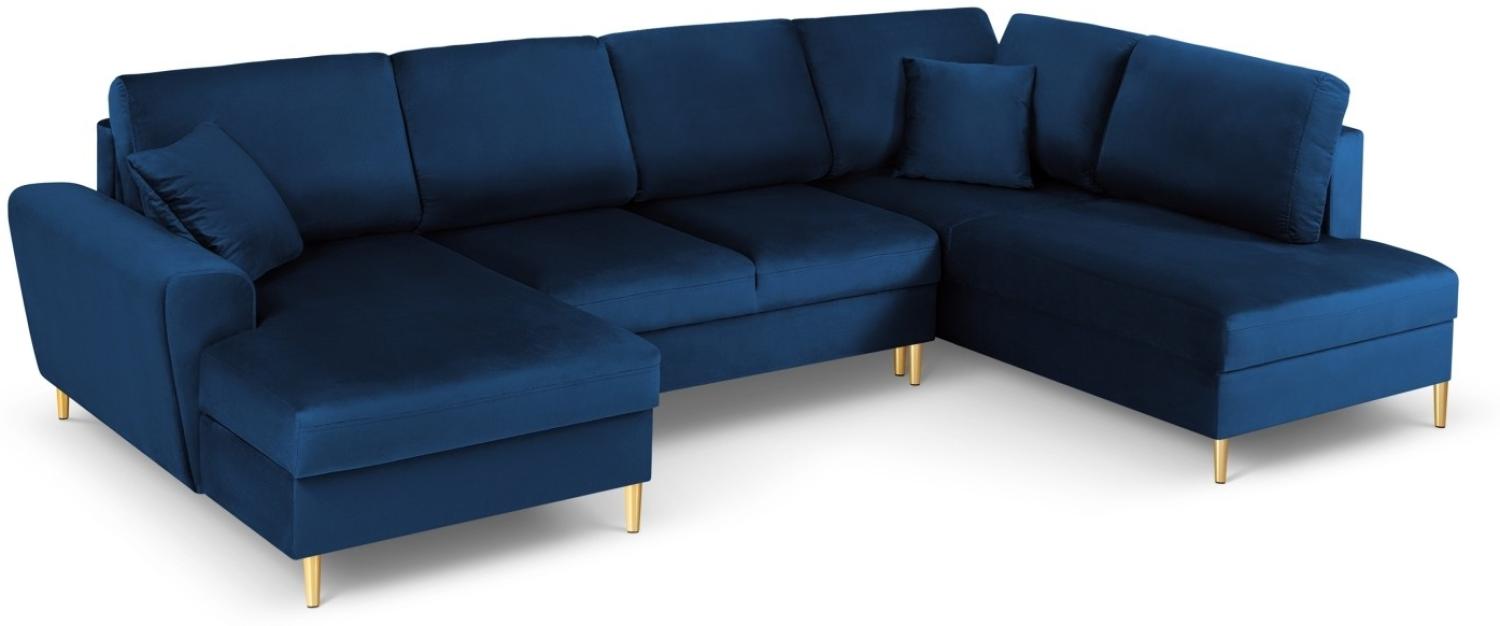 Micadoni 7-Sitzer Samtstoff Panorama Sofa Rechts mit Box und Schlaffunktion Moghan | Bezug Royal Blue | Beinfarbe Gold M... Bild 1