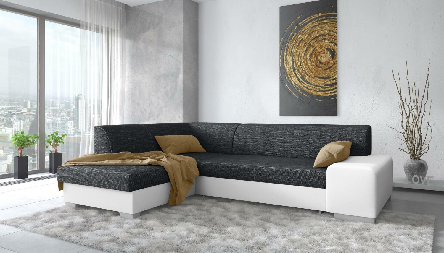 Stylefy Panaro Ecksofa Kunstleder MADRYT Strukturstoff BERLIN Weiß Schwarz Links ohne Bild 1