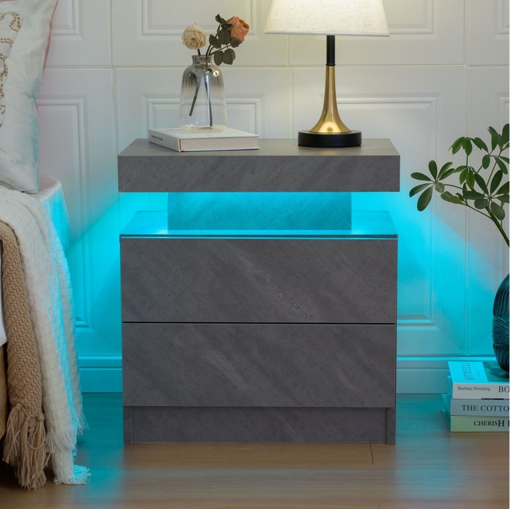 BlingBin Nachttisch LED Nachtschrank Nachtkommode mit 2 Schubladen, Einstellbare 16 Farben (1er Set, 1-St, 49x35x52cm), Hochglanz Kommode für Schlafzimmer Wohnzimmer Bild 1