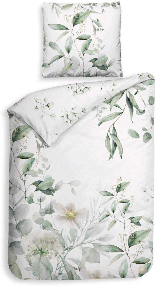 Heckett & Lane Renforce Bettwäsche 135x200 Eduardo white Blütenzweige grün Wende Bild 1