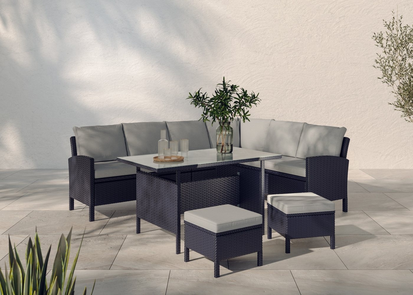 KONIFERA Gartenlounge-Set »Manhattan«, (Set, 18-tlg, Ecklounge, Tisch 66x120x74 cm, 2 Hocker, inkl. Auflagen), Stahl/Polyrattan Bild 1