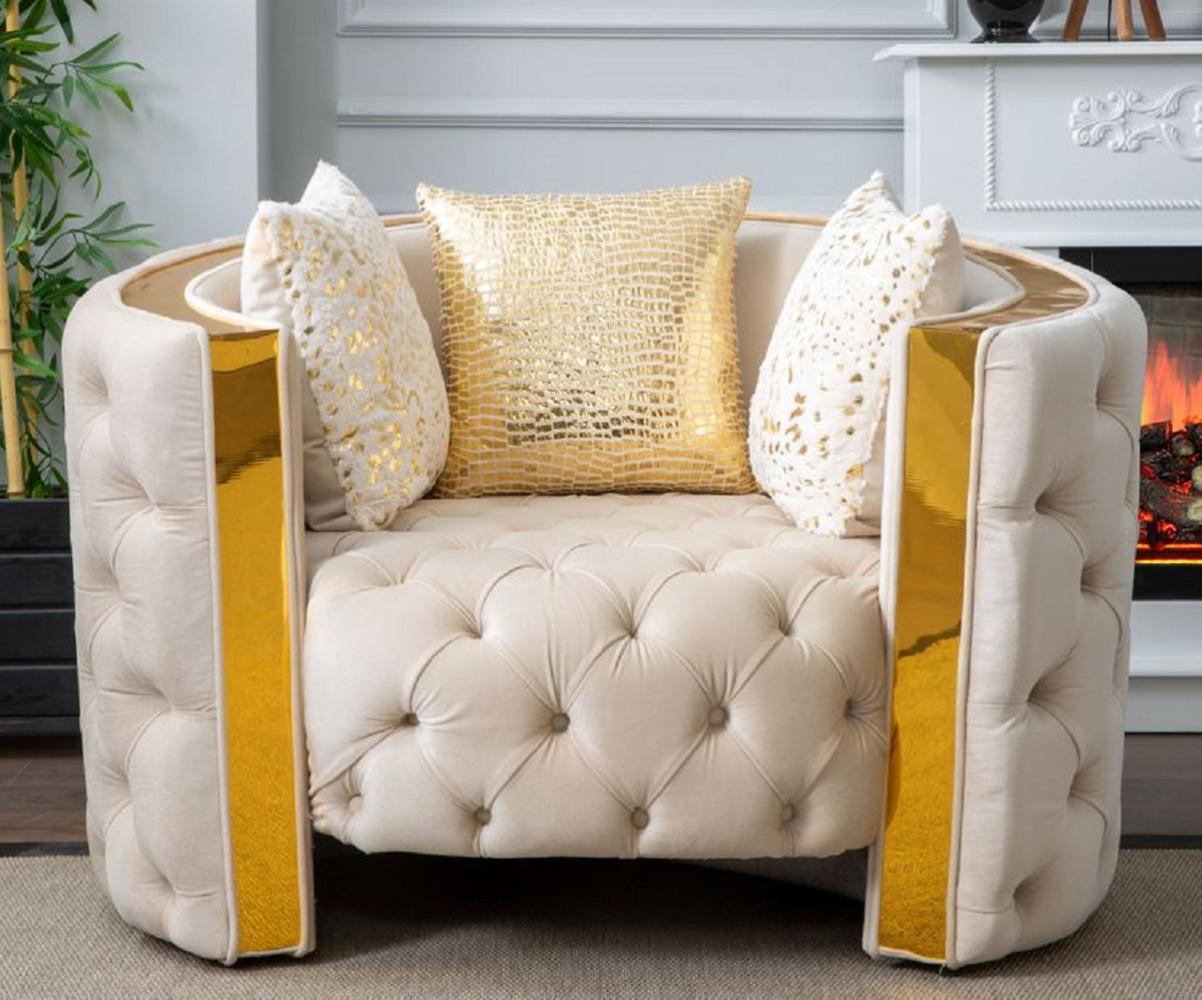 Casa Padrino Luxus Chesterfield Sessel Creme / Gold 120 x 100 x H. 75 cm - Chesterfield Wohnzimmer Sessel - Wohnzimmer Möbel - Chesterfield Möbel - Luxus Möbel - Luxus Einrichtung - Möbel Luxus Bild 1