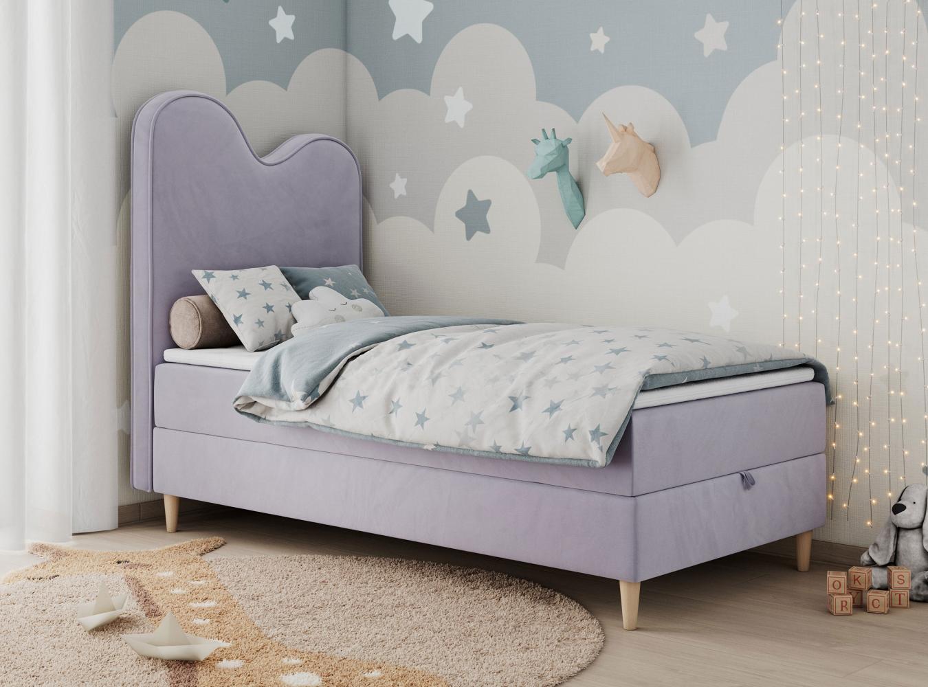 Kinderbett FLOW, Boxspringbett für Kinder, mit hohem Kopfteil, Einzelbett mit Matratze - 90x180 - Violett Velours - Topper Visco Bild 1