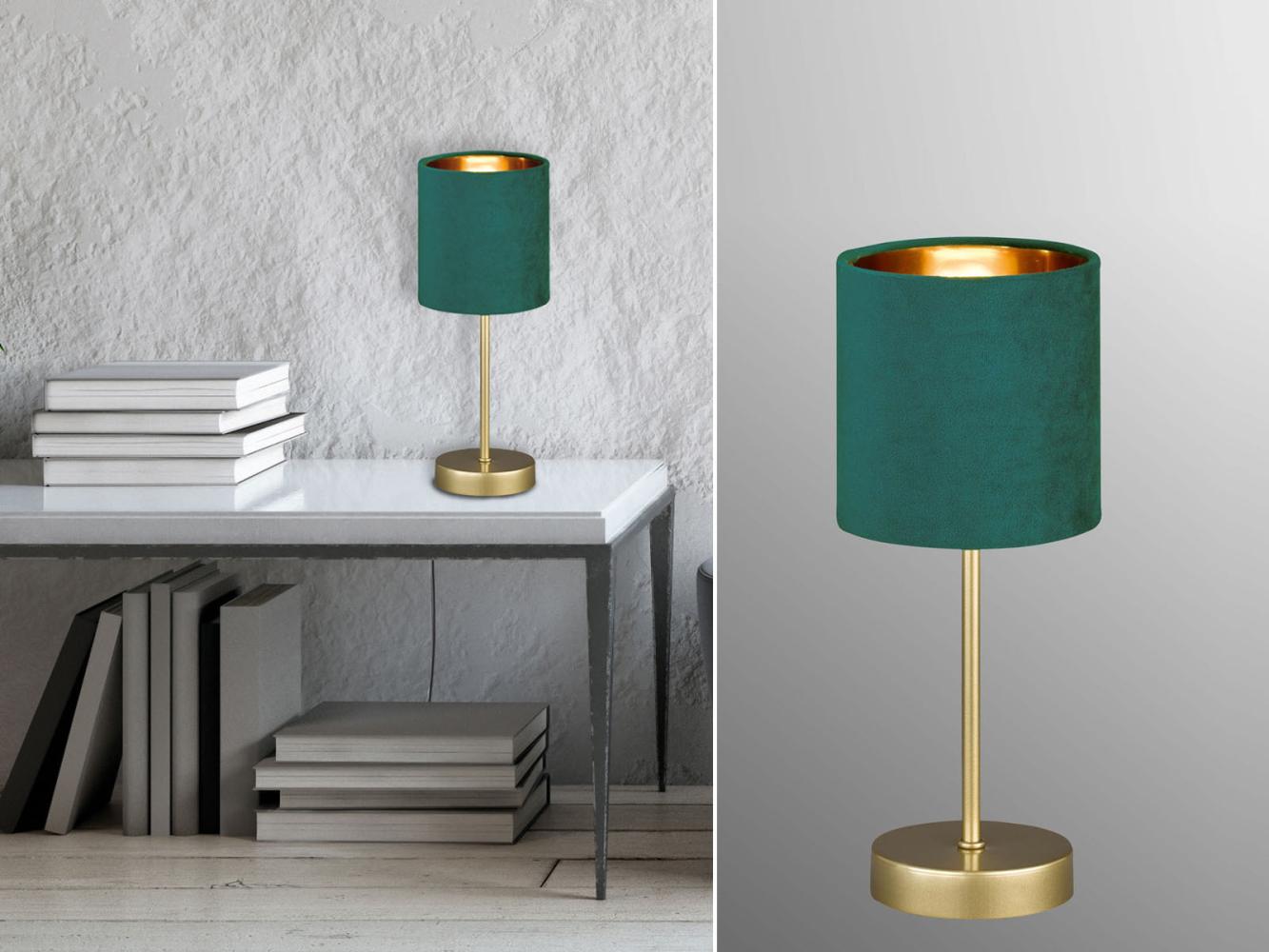 FISCHER & HONSEL LED Nachttischlampe, Dimmfunktion, LED wechselbar, Warmweiß, ausgefallen-e Design-er mit Samt Lampenschirm Grün Gold-en, Ø 13cm Bild 1