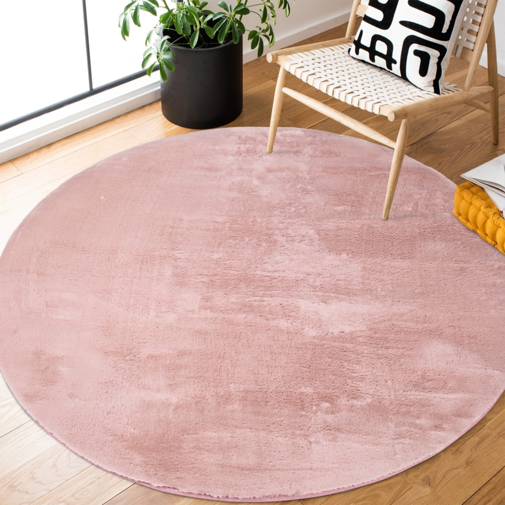 Teppich Rund Wohnzimmer Hochflor - Einfarbig Pastel Pink - 120x120cm - Kuschelig Weich Samtweich - Schlafzimmer Dekoration - Deko Teppiche Bild 1