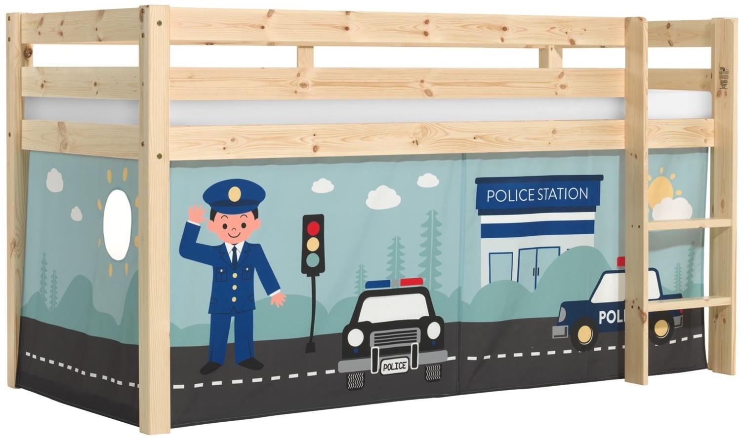 Kinderbett Karolina 210x114x106 Massivholz Natur Textilset Polizei Bild 1