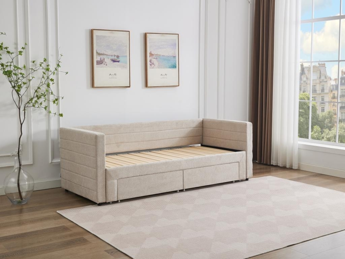 Vente-unique - Ausziehbett + Matratzen - 2 x 80 x 200 cm - Mit ausziehbarem Lattenrost & Schubladen - Strukturstoff - Beige - CAMITY Bild 1