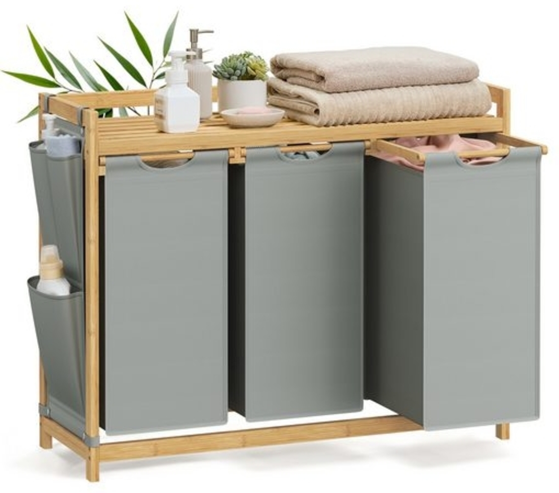 SONGMICS Wäschekorb, 3 Fächer, Bambus, 150 L, mit Ablage, kleine seitliche Taschen, 3 x 50 L, taubengrau, 94 x 33 x 78 cm Bild 1