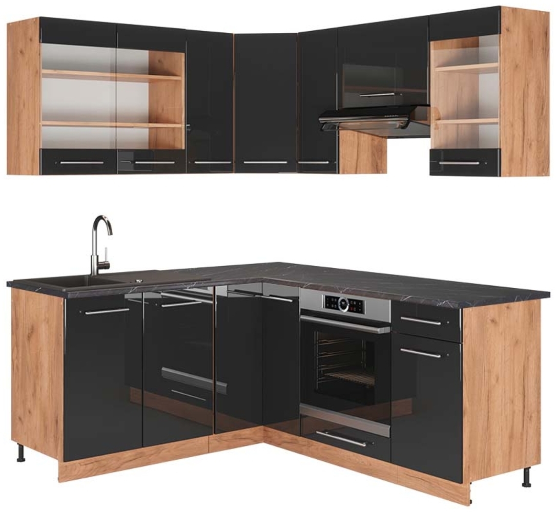 Eckküche Fame-Line Anthrazit Hochglanz/Goldkraft Eiche 190 x 60 cm , AP Anthrazit Vicco Bild 1