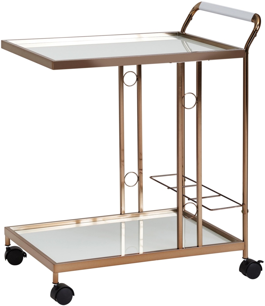 Wohnling Design Servierwagen Gold 67 x 80 x 45 cm | Mobiler Beistelltisch | Speisewagen mit Glasplatte | Küchenwagen Milchglas | Teewagen | Mini Bar auf Rollen Bild 1