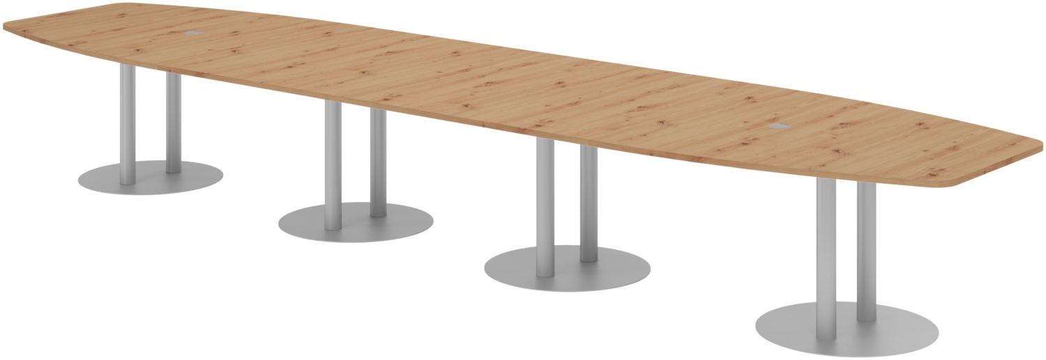 bümö Konferenztisch oval 520x130 cm großer Besprechungstisch in Asteiche, Besprechungstisch mit Säulen in silber, Meetingtisch für 18 Personen, XXL-Tisch für Besprechungsraum & Meeting, KT52S-R-S Bild 1
