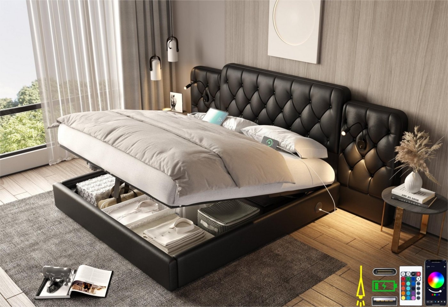 LVHOM Boxspringbett 160x200cm/180x200cm Bettgestell, Samt/PU, diamantgeprägtem Knopf-Design (Kunstlederbett, gepolsterter stabiler Metallrahmenkonstruktion mit flexiblen Nachttischlampe, USB-Ladeanschlüssen, Bettkasten, hydraulischem Stauraum-System, f... Bild 1