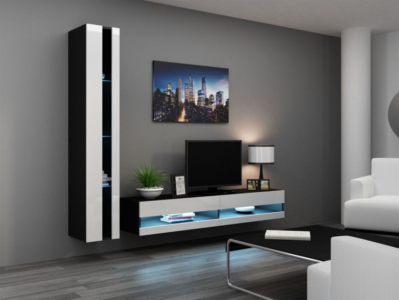 Mediawand Wohnwand 2 tlg - SENTIC 8 - Schwarz/Weiss Hochglanz inkl. LED Bild 1