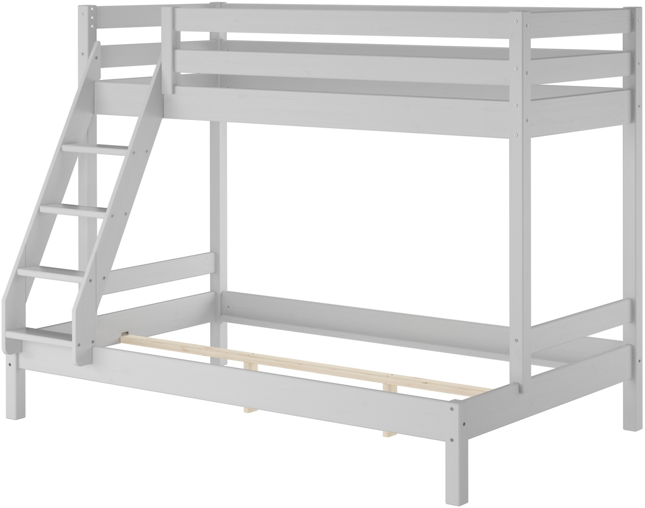 Modernes 3er-Bett 90x200 und 140x200 Erwachsenen-Stockbett Kiefer Massivholz hellgrau V-60.18G-09-14Rollrost und Matratze inkl. Bild 1