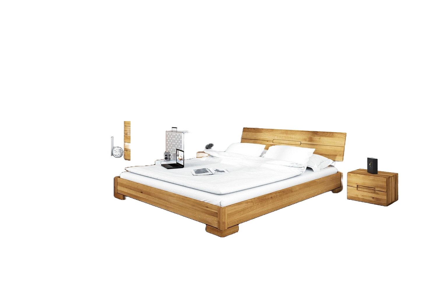 Bett Bento 5 Sonderlänge 180x220 Wildeiche massiv Holzkopfteil und Holzbeine Bild 1