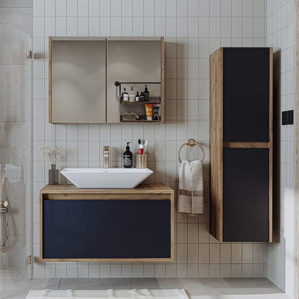 Roomart Badmöbel Set ATLANTIC 4-teilig 85 cm in 5 Farben Unterschrank mit Keramikwaschbecken • Spiegelschrank • Hochschrank Bild 1