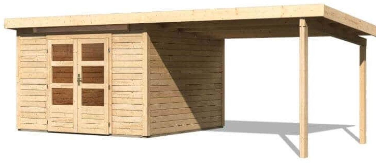 Karibu Woodfeeling Gartenhaus Kandern mit Anbaudach 3 m Breite 360x300 Gartenhaus aus Holz Holzhaus mit 28 mm Wandstärke inklusive Schleppdach Blockbohlenhaus Bild 1