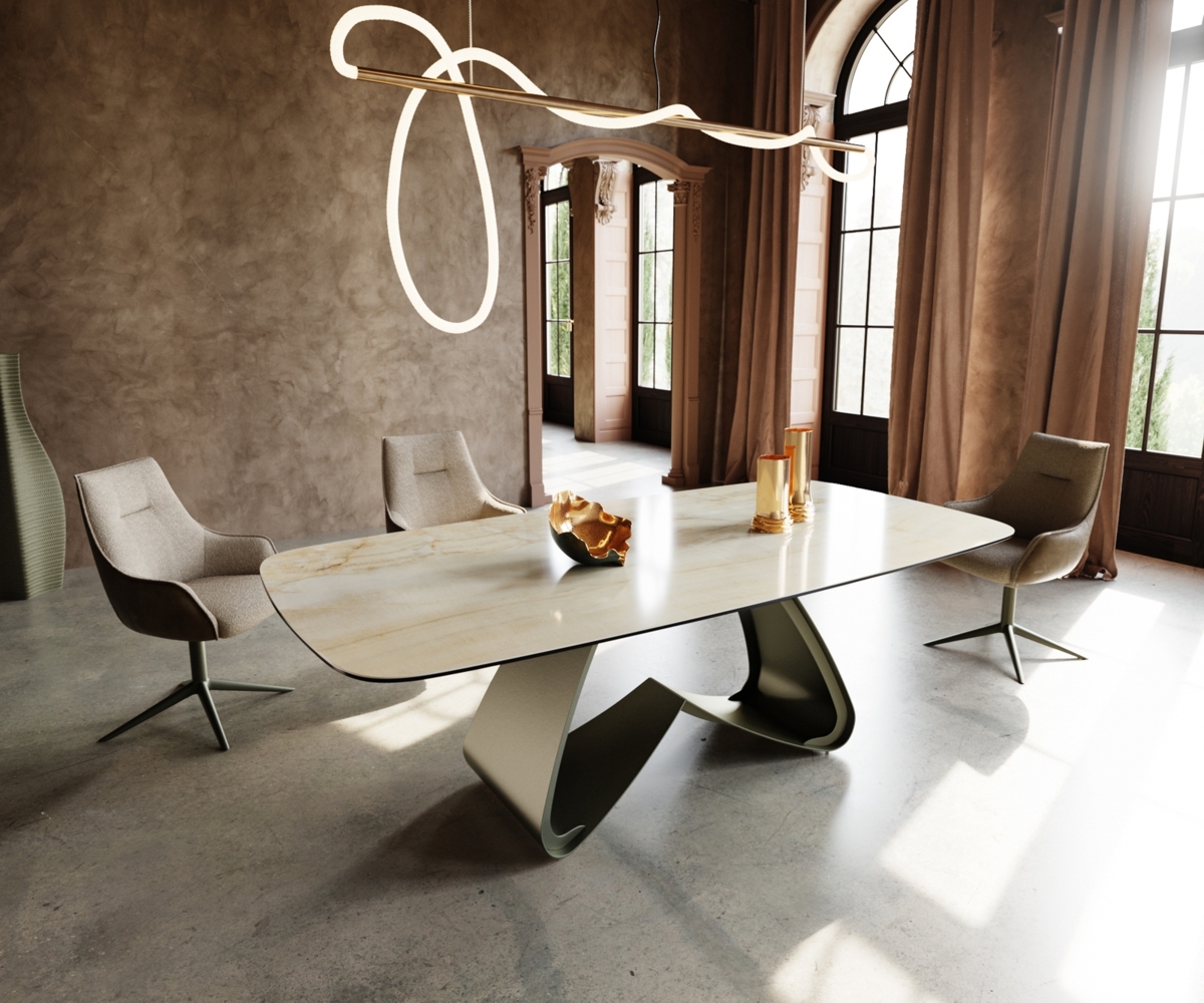 Esstisch Edge Boot 240x120 cm Keramik Iris FMG Onice Oro W-Gestell Metall Effektfinish Titan Bild 1