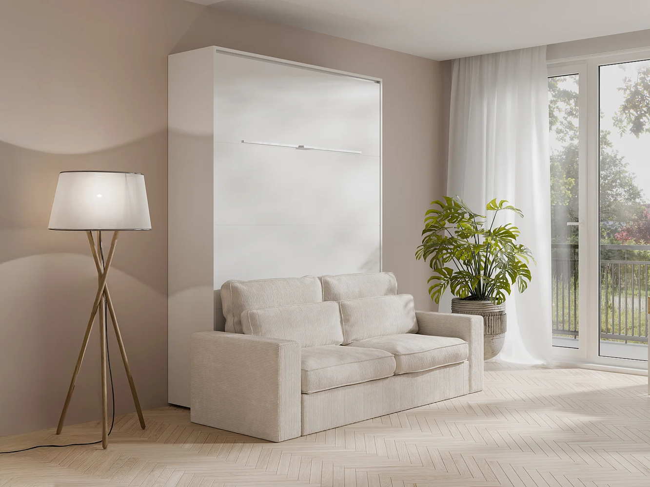 Vente-unique - Schrankbett + Sofa - 140 x 200 cm - Manuelle vertikale Öffnung - Mit LED-Beleuchtung - Weiß - RAPILI Bild 1