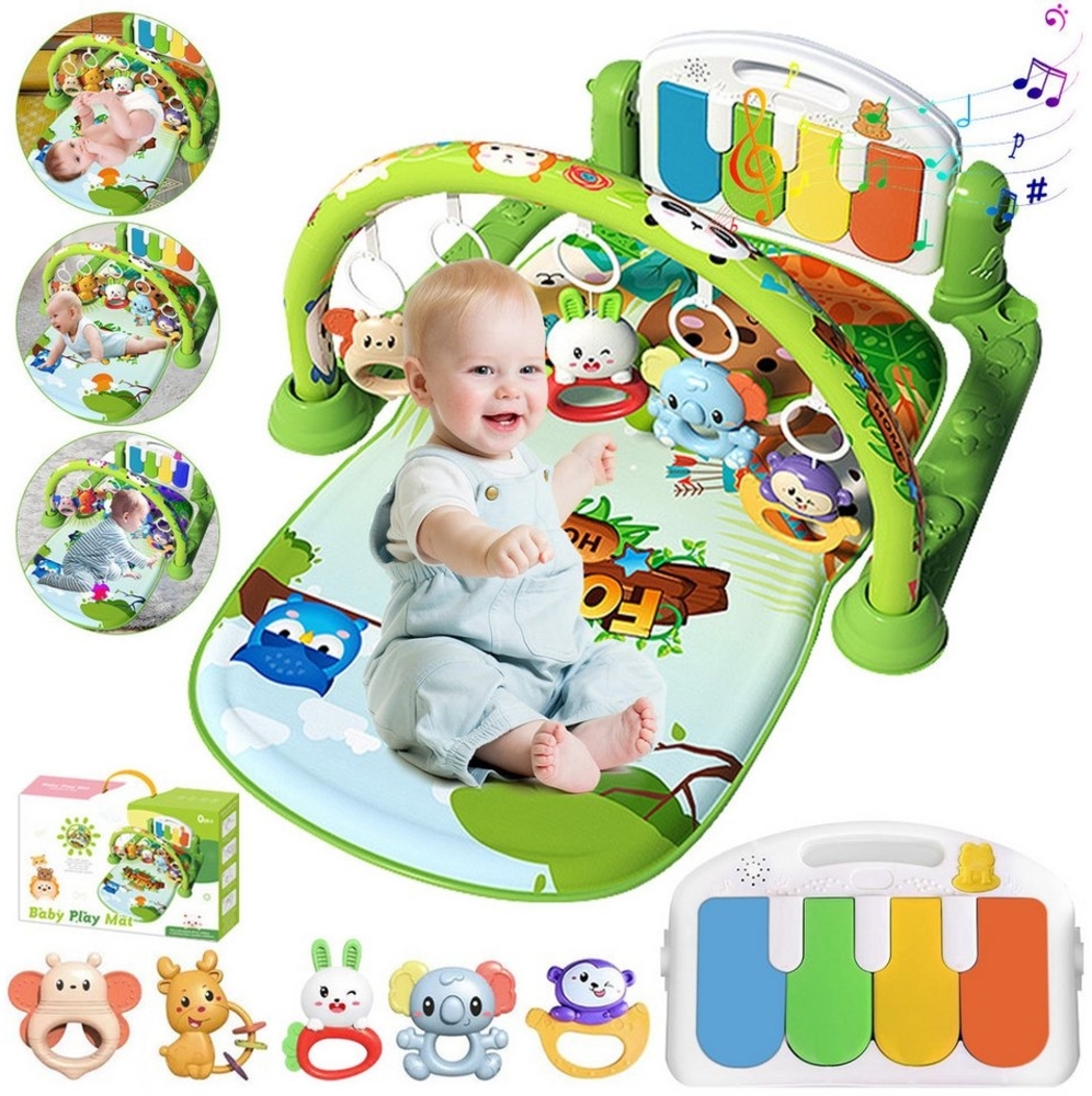 Krabbeldecke Spielmatte mit Spielbogen Baby Lernmatte Spieldecke Erlebnisdecke, ZEUOPQ, mit lustigen Tiermotiven und 5 hängende Cartoon-Spielzeuge. Bild 1