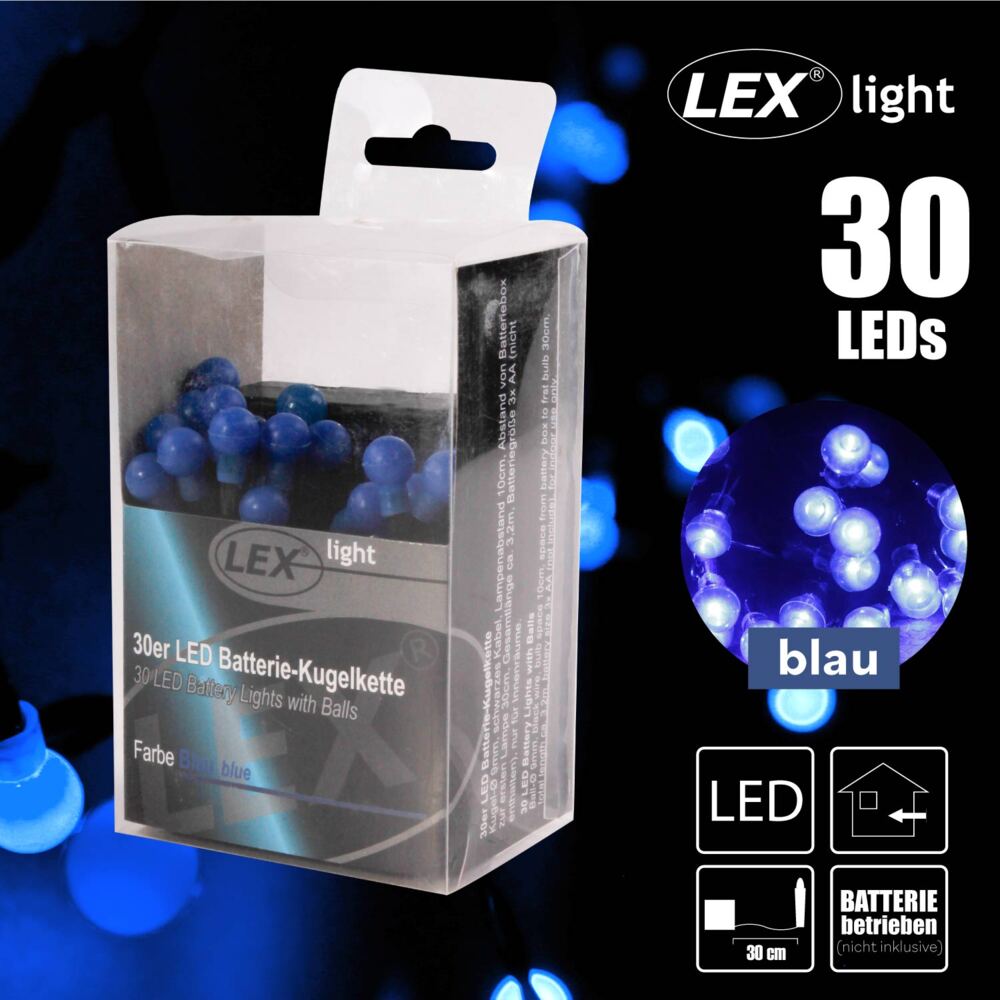 30er LED Batterie Kugelkette Lichterkette blau Kugeln Batterie Beleuchtung Bild 1