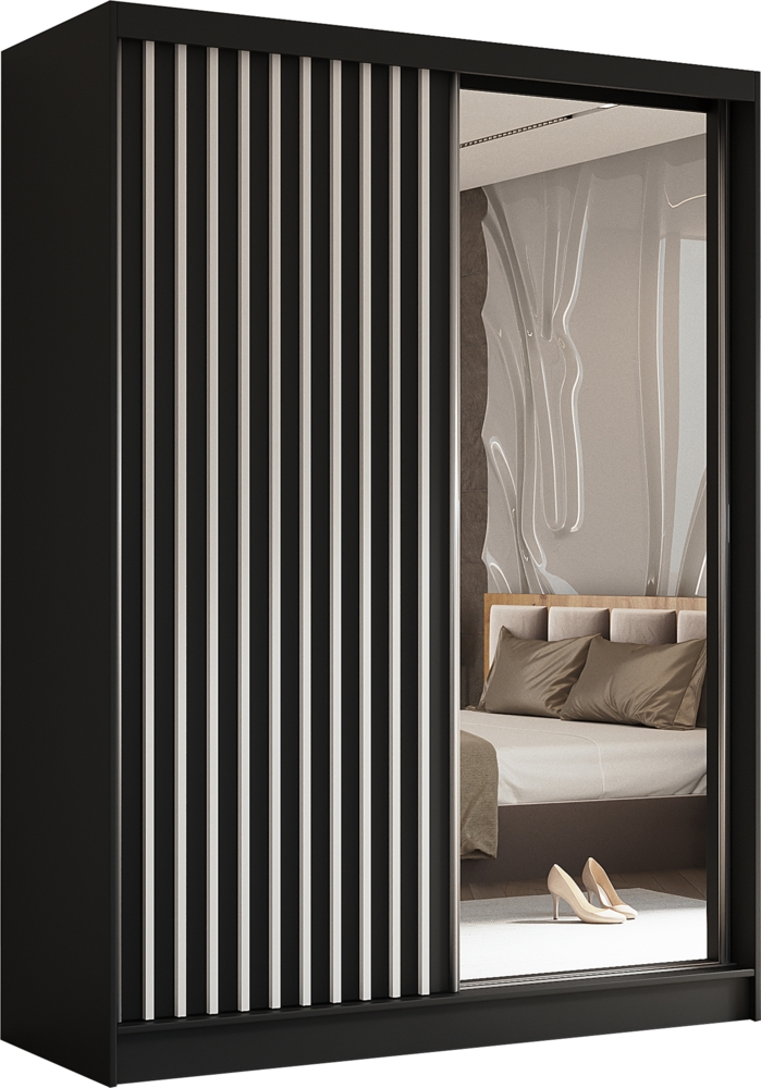 AX LIVING Cabinio Kleiderschrank Schwarz mit Spiegel 160 Weiße Lamell Bild 1