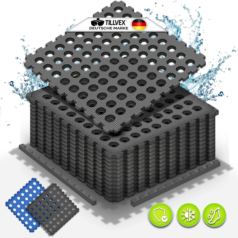 tillvex® Pool Bodenschutzmatte mit Löchern 36 Stück Schwarz | Unterlegmatte für Pool & Planschbecken 51x51 cm | Poolmatte Bodenmatte Outdoor | Poolunterlage Bodenschutz Matten wärmeisolierend | Whirlpool Bodenfolie weich Bild 1