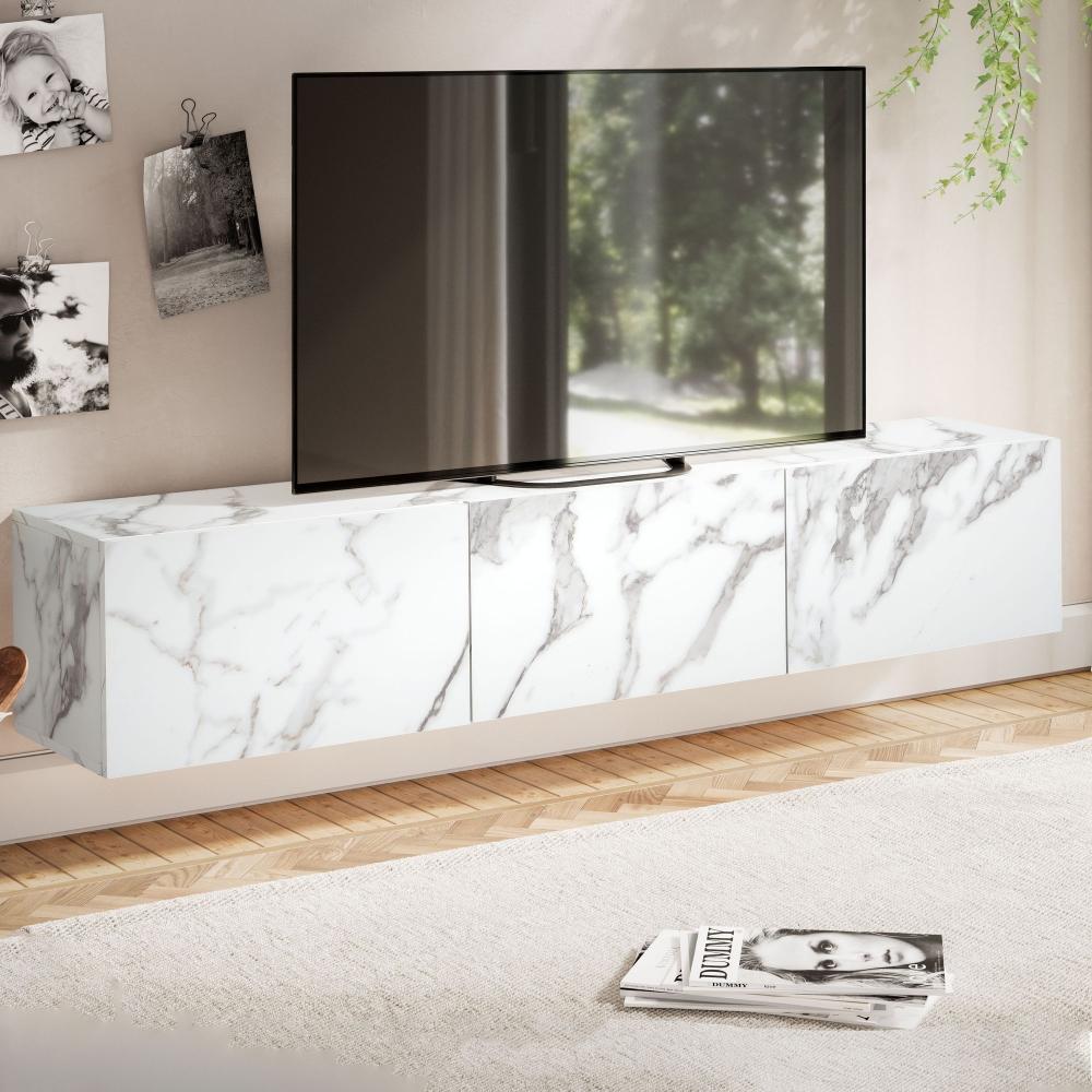 FineBuy Lowboard Hängend Marmor-Optik 160x30x30 cm TV-Schrank, Design Fernsehtisch mit Klapptüren Modern, Fernsehschrank Wand, TV-Kommode Fernsehkommode zum Aufhängen Weiß Bild 1