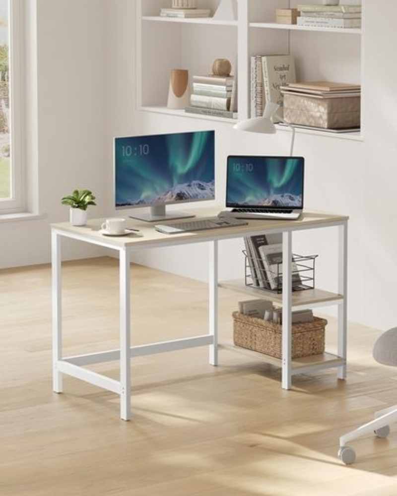 VASAGLE Schreibtisch, Computertisch, PC-Tisch, Bürotisch, mit 2 Ablagen auf der rechten oder linken Seite, fürs Büro, Wohnzimmer, Stahlgestell, modern, naturbeige-perlweiß Bild 1