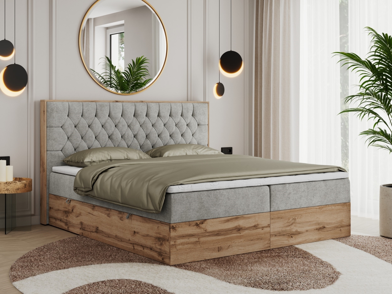 Boxspringbett, Schlafzimmerbett, Bettkasten - AMORE - 200 x 200 cm - Hellgrau Stoff - H3 Bild 1